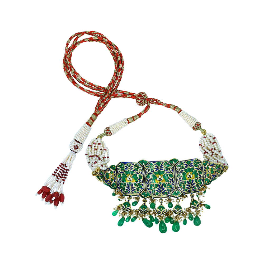 Rectangular Polki Choker with Red Talaf, Emerald, and Pearl Drops